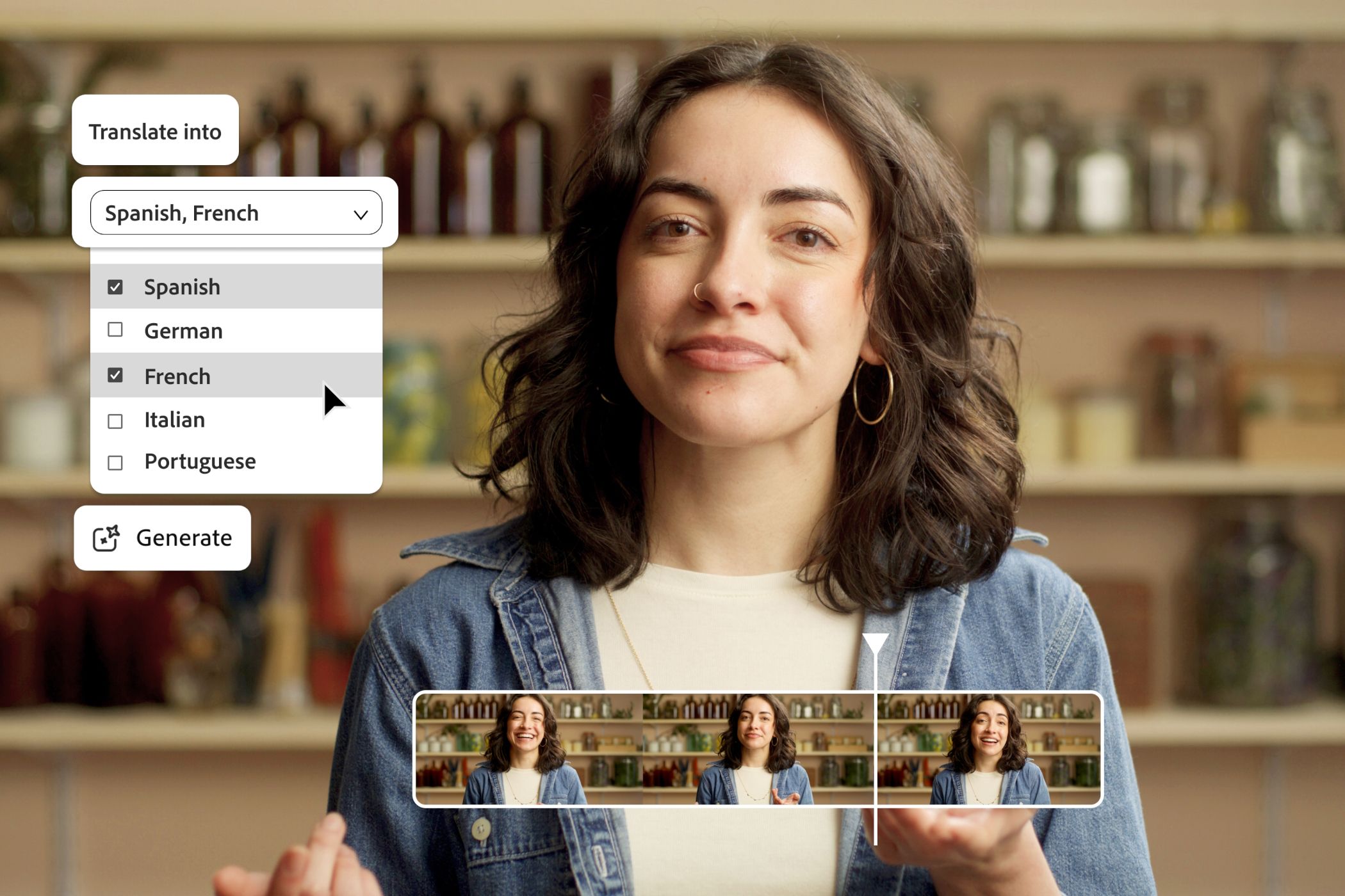 Служба перекладу Adobe Firefly із меню Woman Speaking і Language Selection